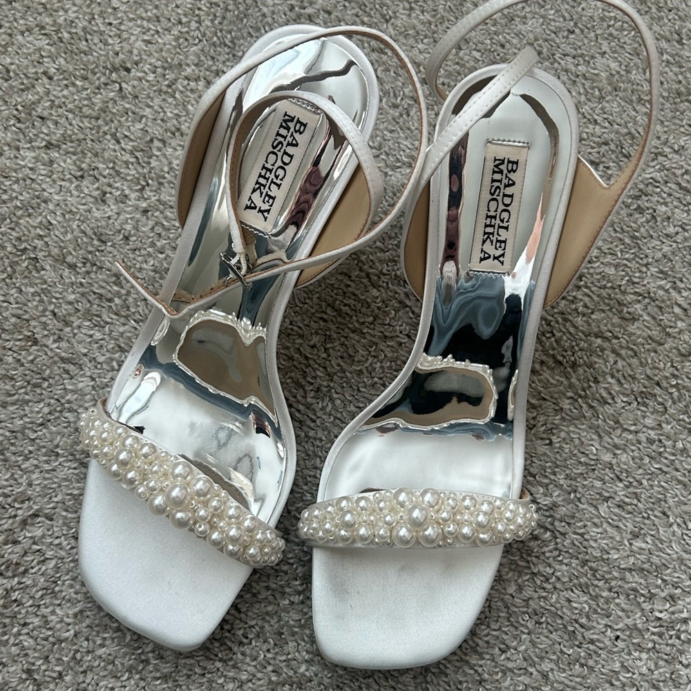 Badgley Mischka Calida Satin Block Heels with Pearled Vamp - Picture 3 of 4